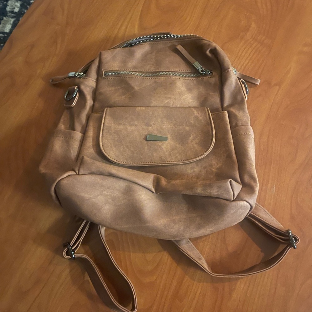 Women's Tan Faux-Leather Backpack